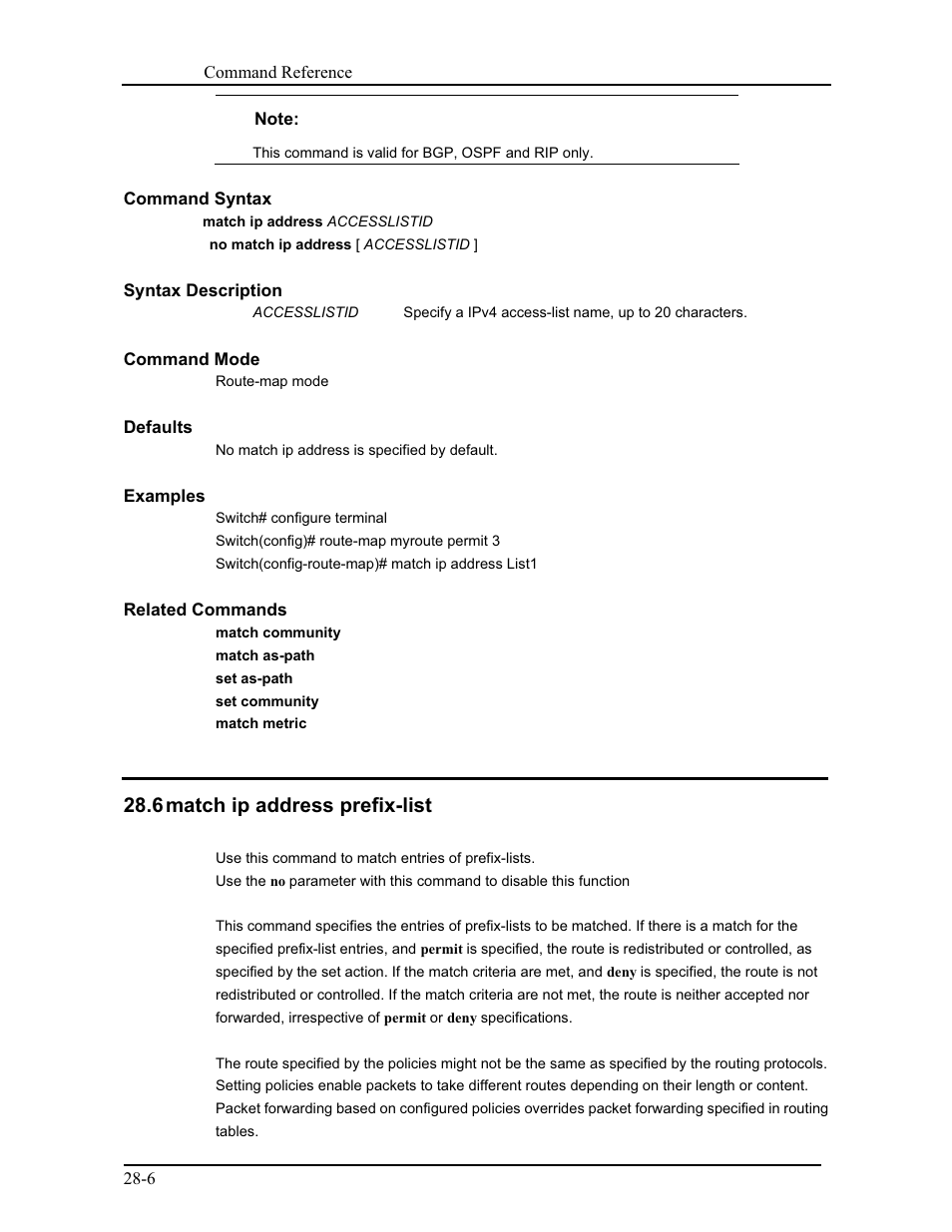 6 match ip address prefix-list | CANOGA PERKINS 9171 Command Reference User Manual | Page 494 / 782