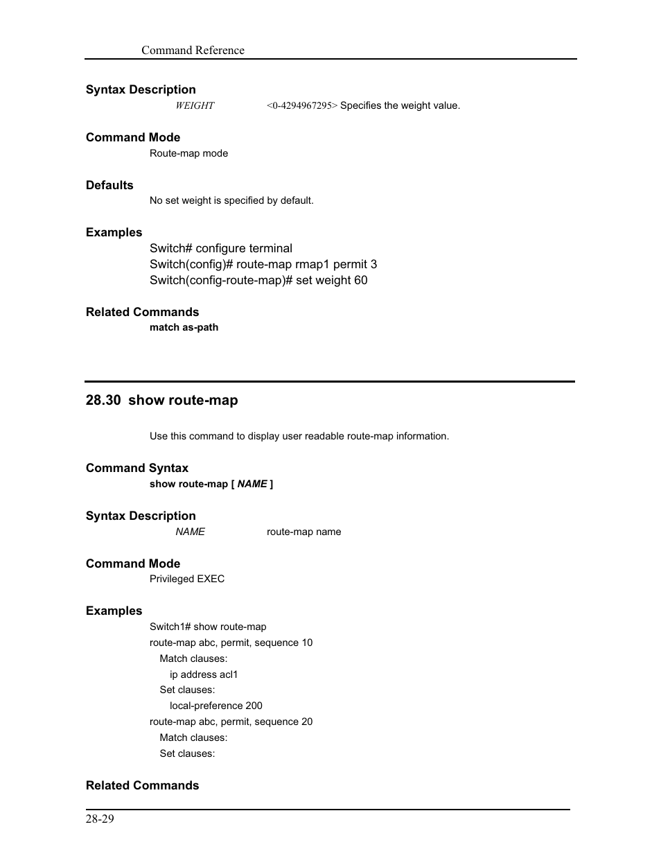 30 show route-map | CANOGA PERKINS 9171 Command Reference User Manual | Page 517 / 782