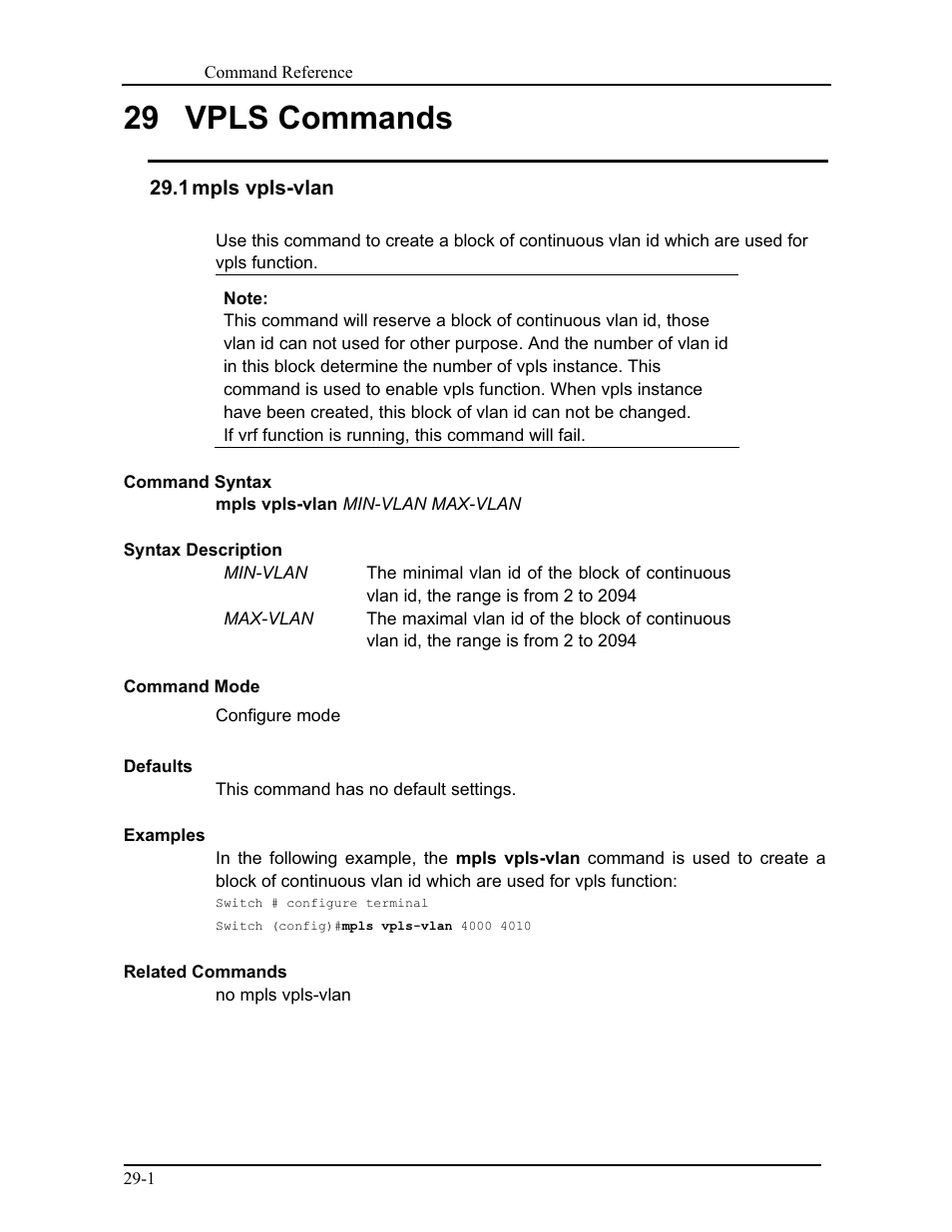 29 vpls commands, 1 mpls vpls-vlan | CANOGA PERKINS 9171 Command Reference User Manual | Page 519 / 782