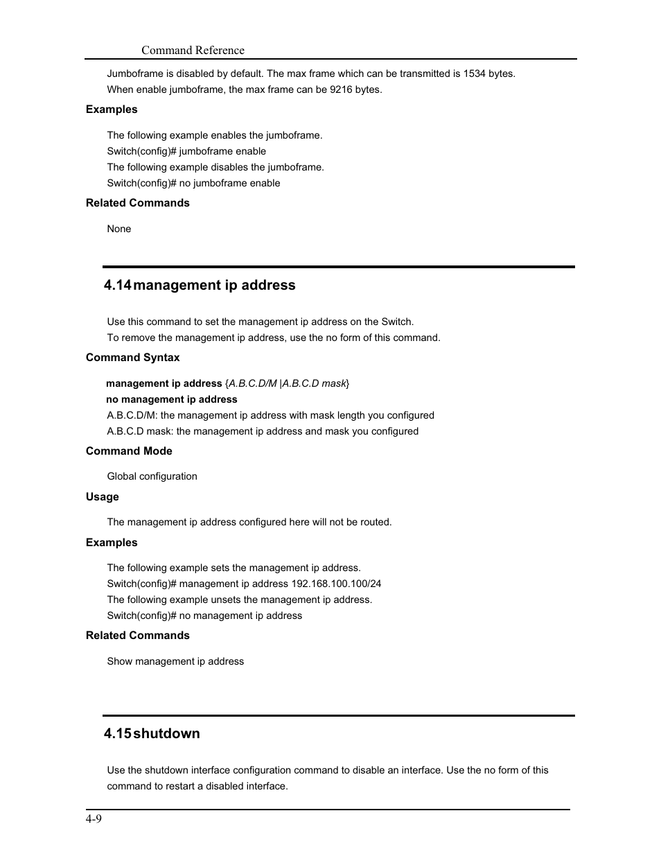 14 management ip address, 15 shutdown | CANOGA PERKINS 9171 Command Reference User Manual | Page 53 / 782