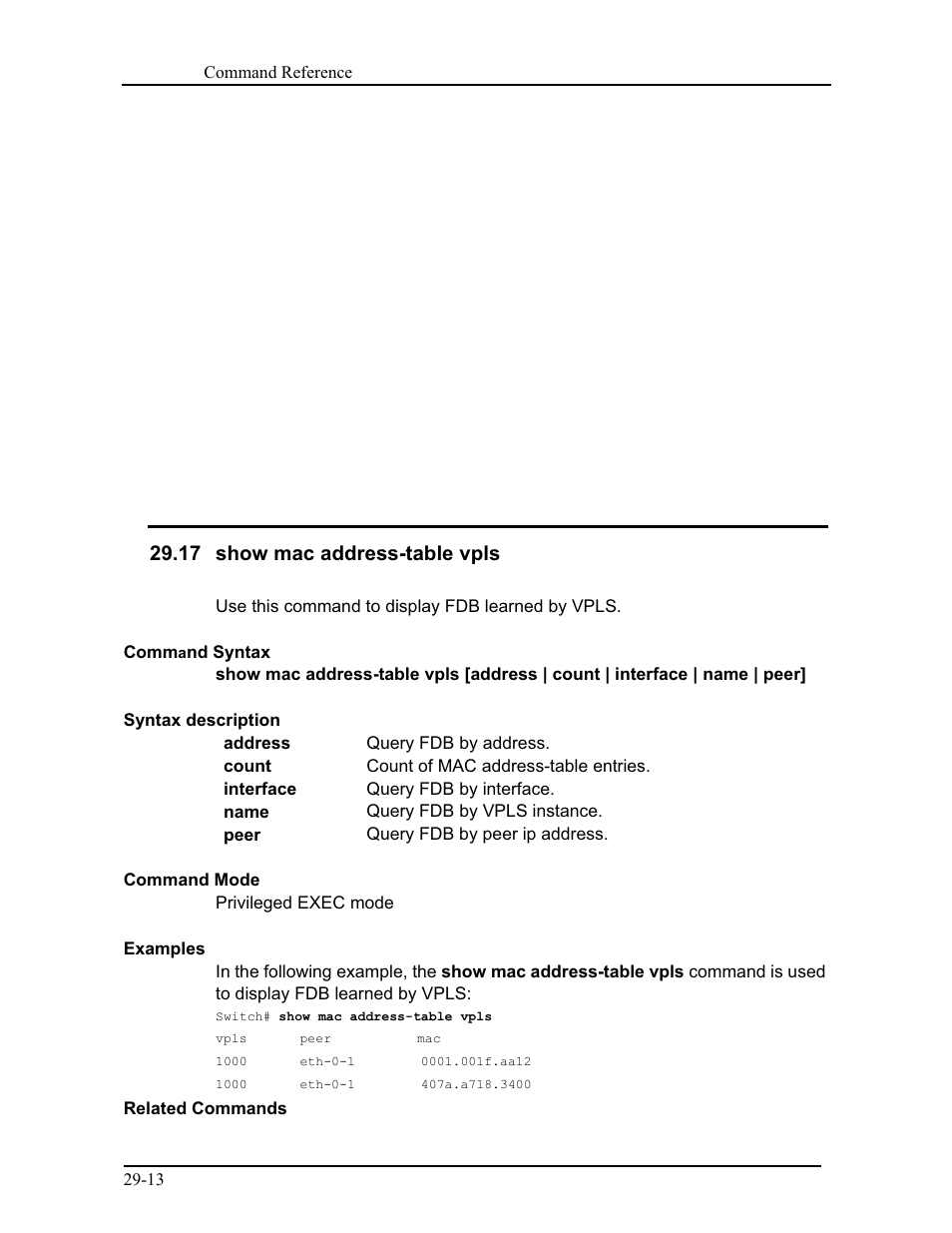 17 show mac address-table vpls | CANOGA PERKINS 9171 Command Reference User Manual | Page 531 / 782