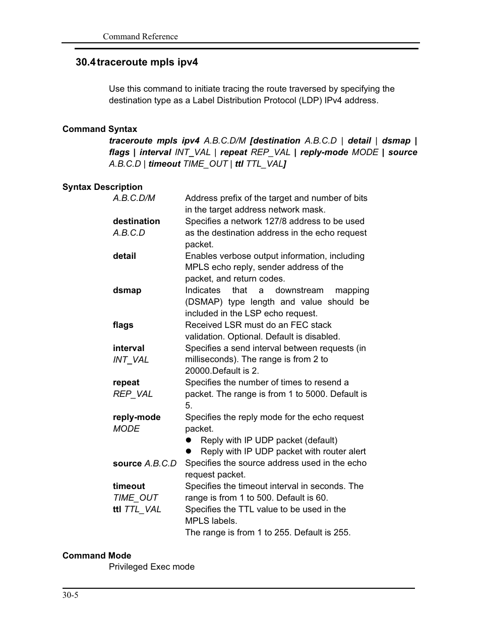 4 traceroute mpls ipv4 | CANOGA PERKINS 9171 Command Reference User Manual | Page 536 / 782