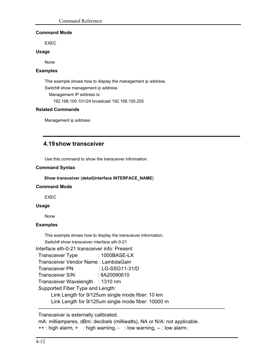 19 show transceiver | CANOGA PERKINS 9171 Command Reference User Manual | Page 56 / 782