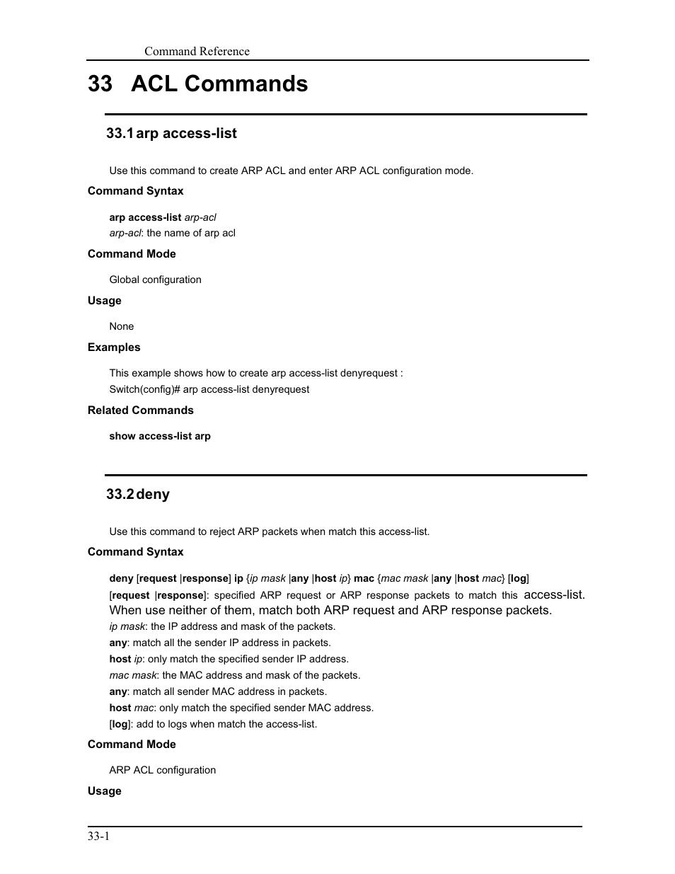 33 acl commands, 1 arp access-list, 2 deny | CANOGA PERKINS 9171 Command Reference User Manual | Page 592 / 782