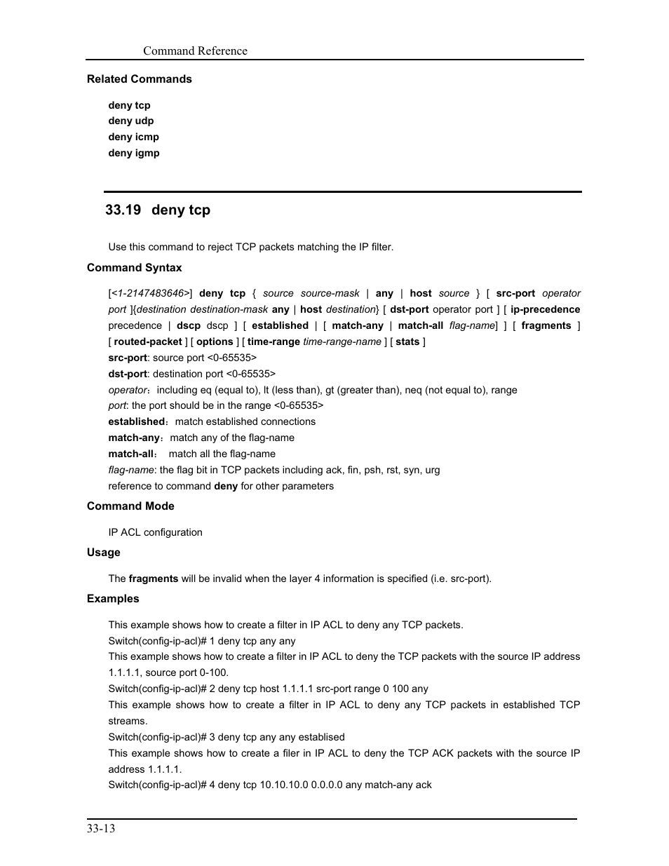19 deny tcp | CANOGA PERKINS 9171 Command Reference User Manual | Page 604 / 782