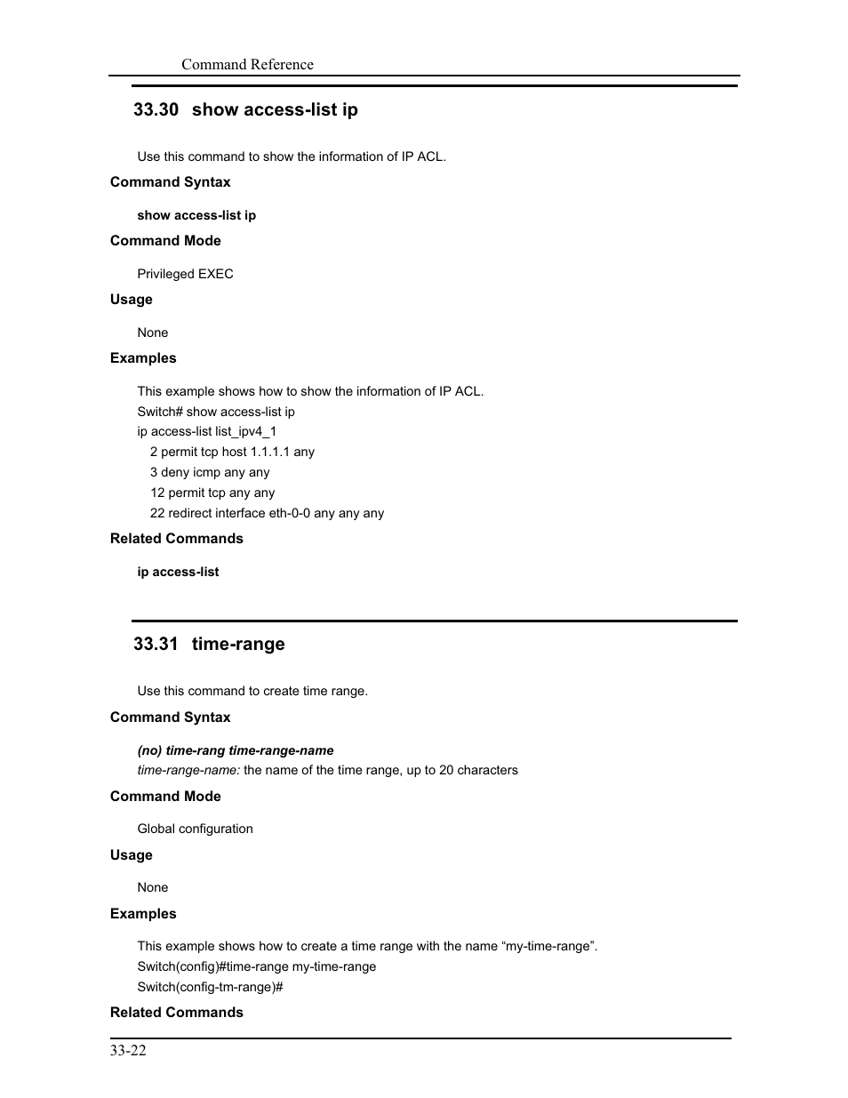 30 show access-list ip, 31 time-range | CANOGA PERKINS 9171 Command Reference User Manual | Page 613 / 782
