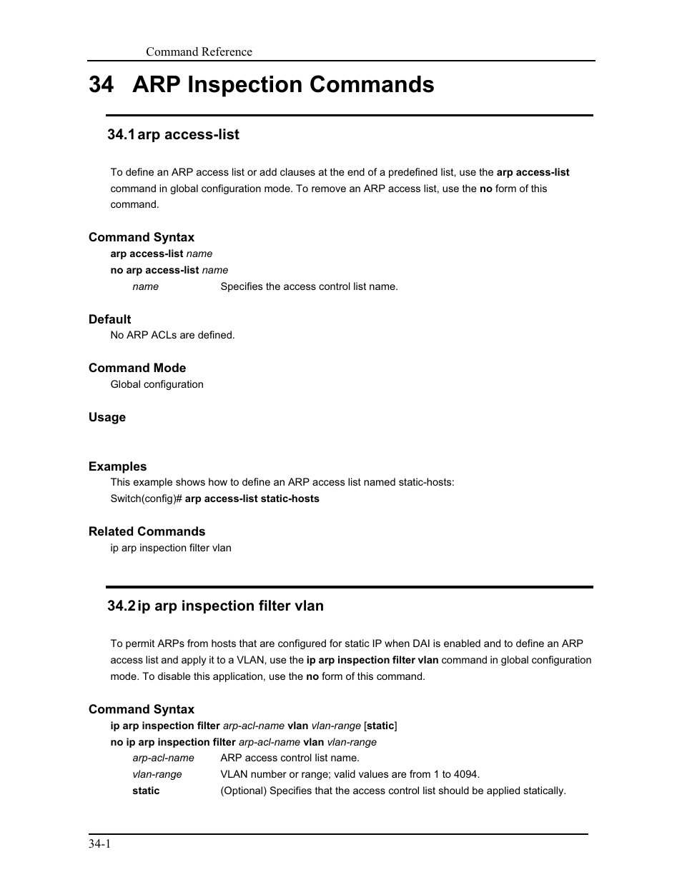 34 arp inspection commands, 1 arp access-list, 2 ip arp inspection filter vlan | CANOGA PERKINS 9171 Command Reference User Manual | Page 616 / 782