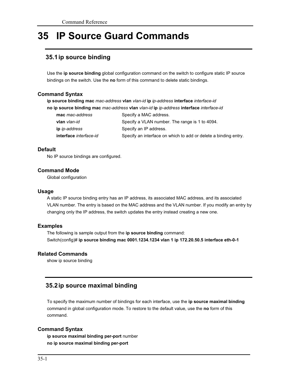 35 ip source guard commands, 1 ip source binding, 2 ip source maximal binding | CANOGA PERKINS 9171 Command Reference User Manual | Page 625 / 782