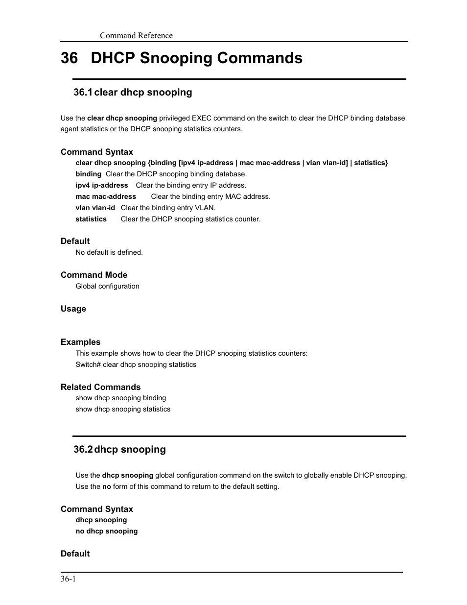 36 dhcp snooping commands, 1 clear dhcp snooping, 2 dhcp snooping | CANOGA PERKINS 9171 Command Reference User Manual | Page 628 / 782