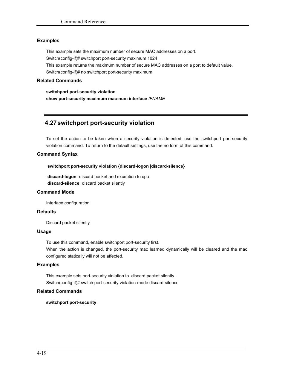 27 switchport port-security violation | CANOGA PERKINS 9171 Command Reference User Manual | Page 63 / 782