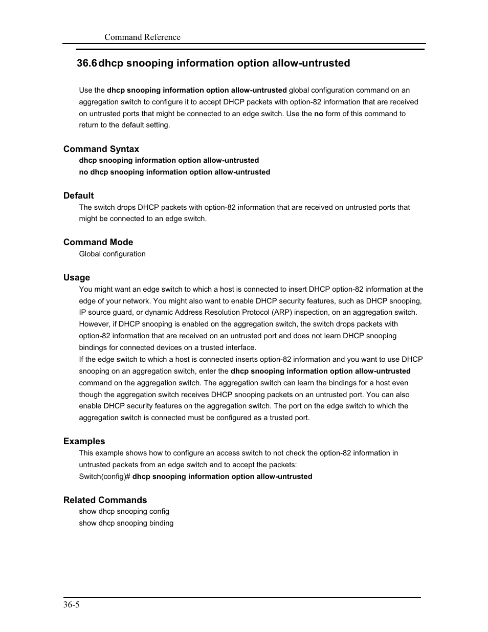 6 dhcp snooping information option allow-untrusted | CANOGA PERKINS 9171 Command Reference User Manual | Page 632 / 782