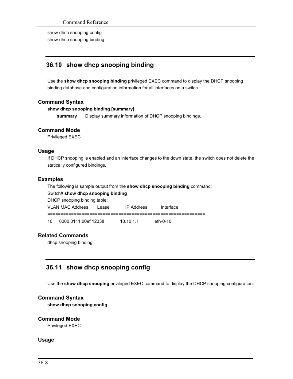 10 show dhcp snooping binding, 11 show dhcp snooping config | CANOGA PERKINS 9171 Command Reference User Manual | Page 635 / 782