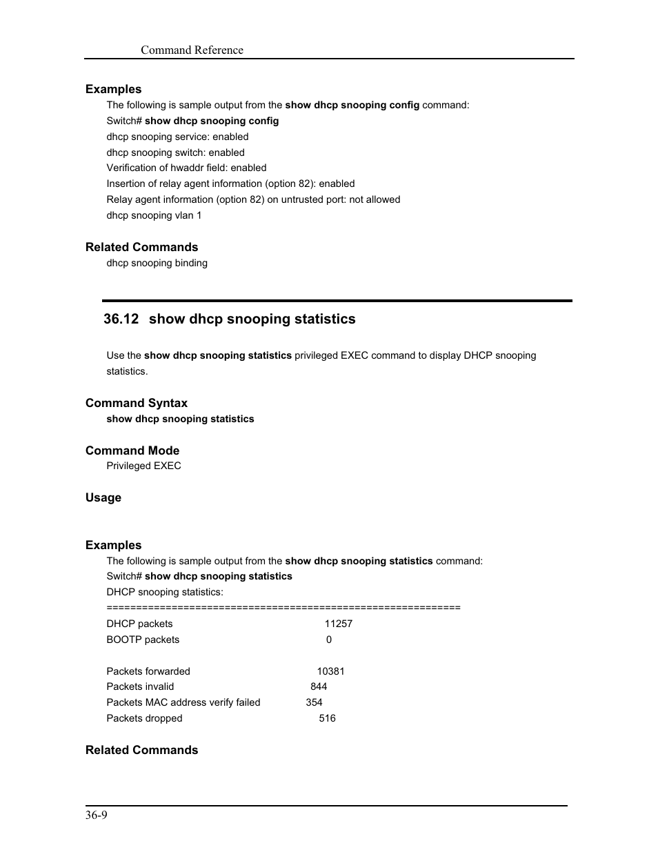12 show dhcp snooping statistics | CANOGA PERKINS 9171 Command Reference User Manual | Page 636 / 782
