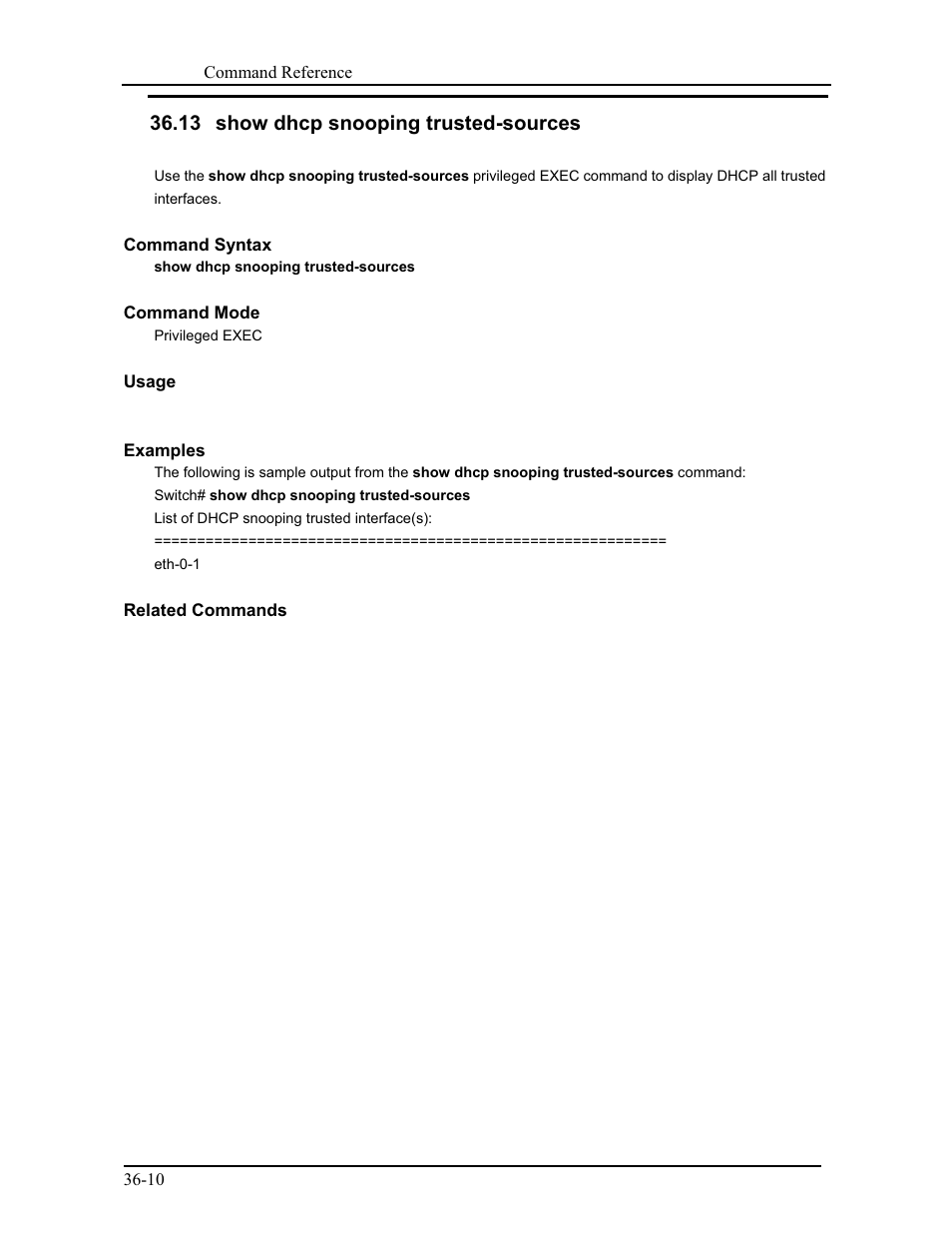 13 show dhcp snooping trusted-sources | CANOGA PERKINS 9171 Command Reference User Manual | Page 637 / 782