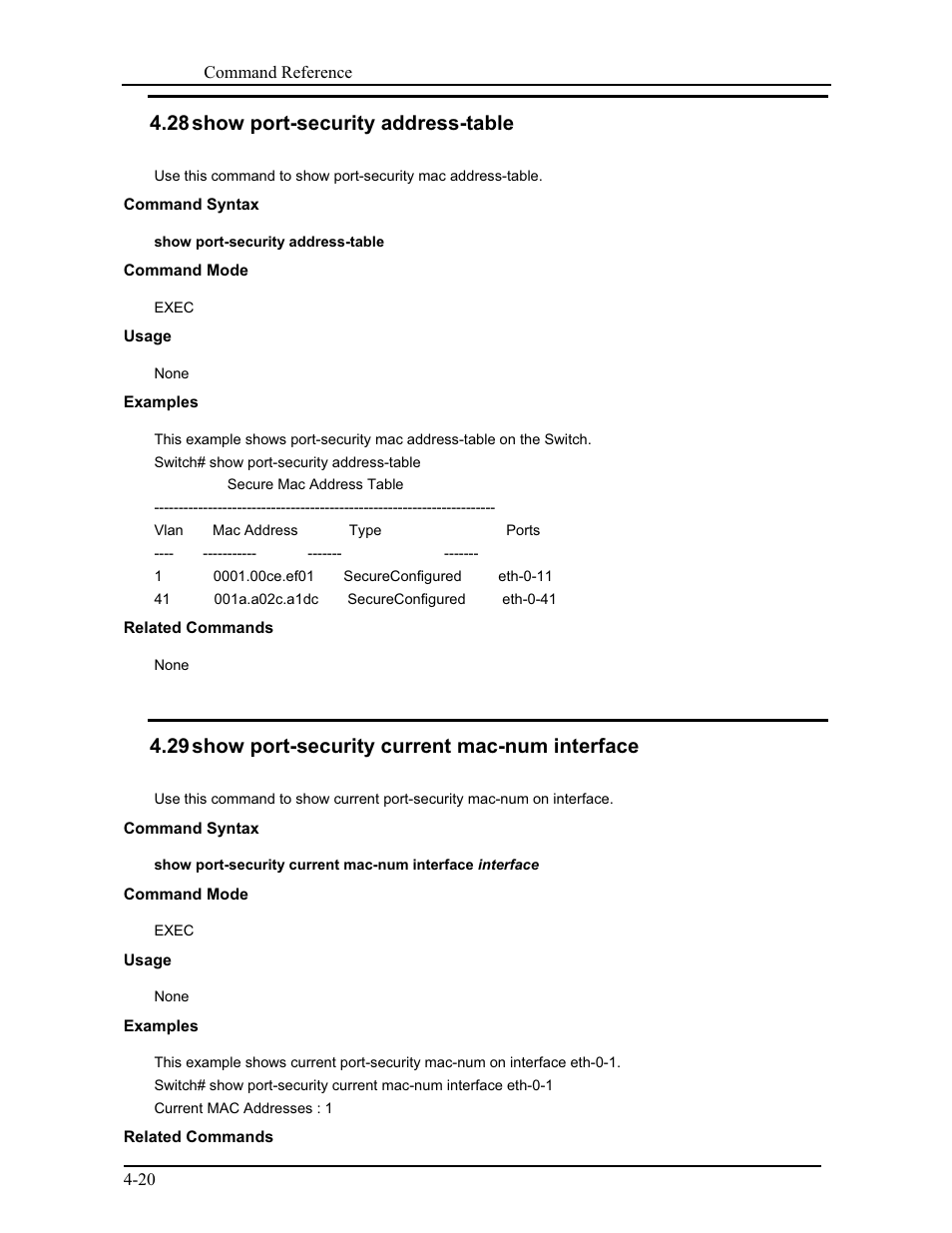 28 show port-security address-table, 29 show port-security current mac-num interface | CANOGA PERKINS 9171 Command Reference User Manual | Page 64 / 782