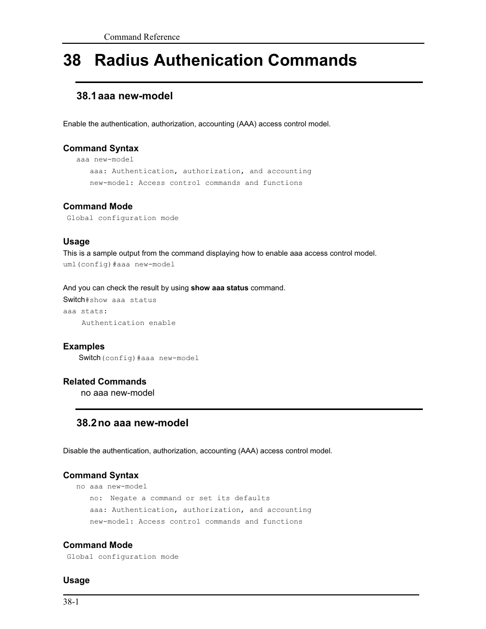 38 radius authenication commands, 1 aaa new-model, 2 no aaa new-model | CANOGA PERKINS 9171 Command Reference User Manual | Page 648 / 782