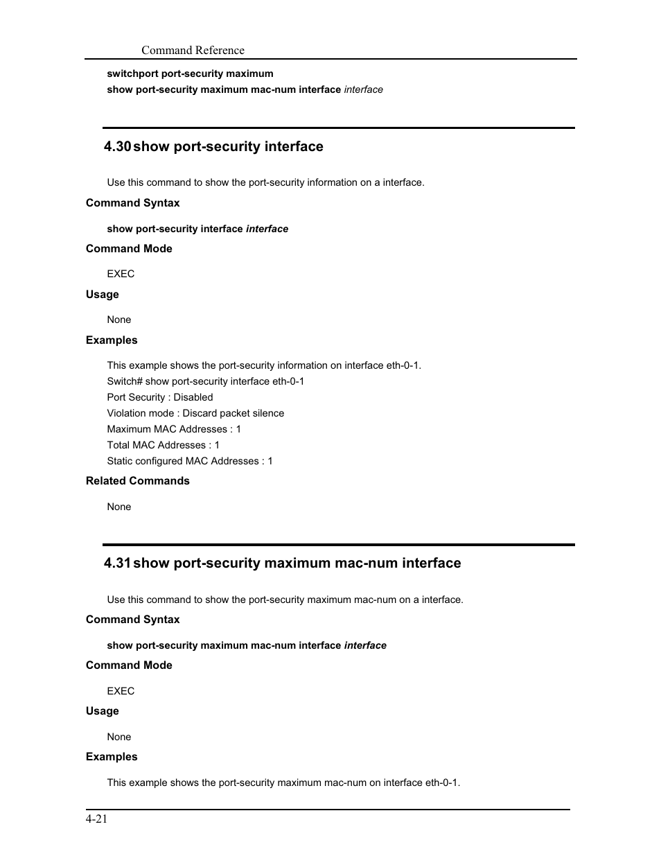 30 show port-security interface, 31 show port-security maximum mac-num interface | CANOGA PERKINS 9171 Command Reference User Manual | Page 65 / 782