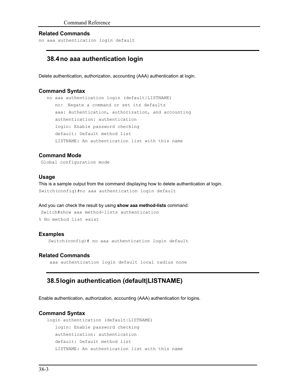 4 no aaa authentication login, 5 login authentication (default|listname) | CANOGA PERKINS 9171 Command Reference User Manual | Page 650 / 782