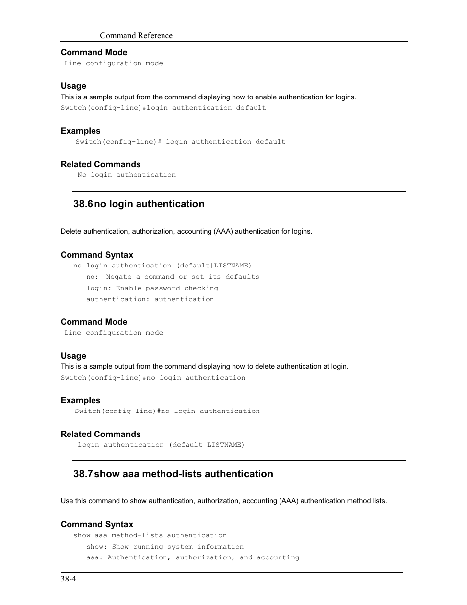 6 no login authentication, 7 show aaa method-lists authentication | CANOGA PERKINS 9171 Command Reference User Manual | Page 651 / 782