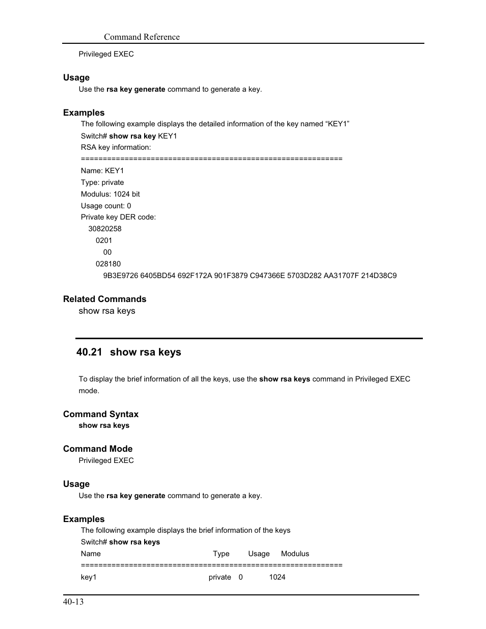 21 show rsa keys | CANOGA PERKINS 9171 Command Reference User Manual | Page 684 / 782