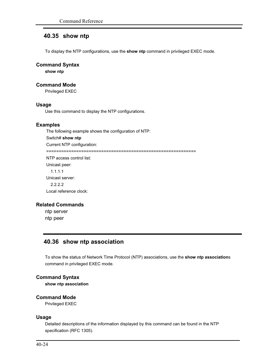 35 show ntp, 36 show ntp association | CANOGA PERKINS 9171 Command Reference User Manual | Page 695 / 782