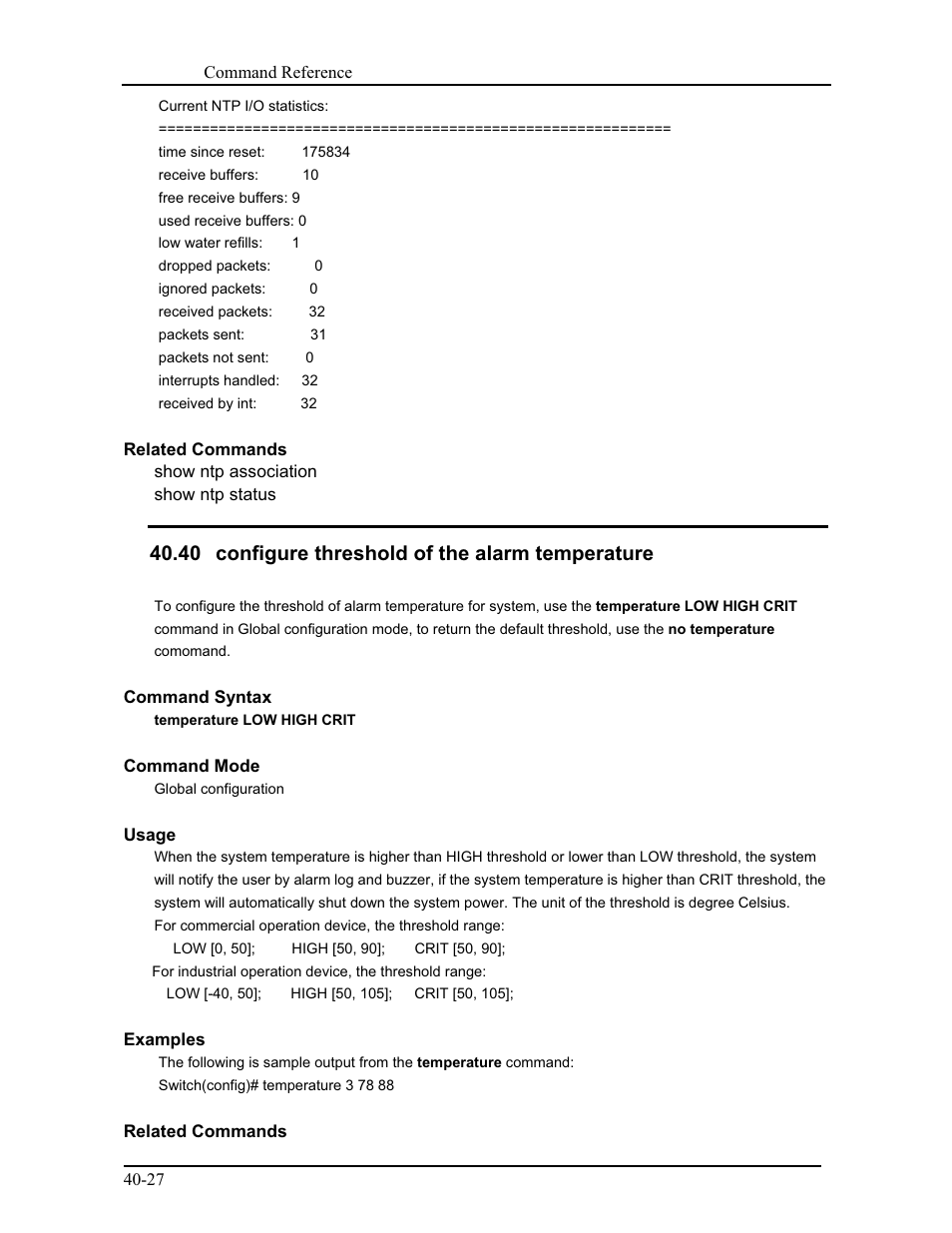 40 configure threshold of the alarm temperature | CANOGA PERKINS 9171 Command Reference User Manual | Page 698 / 782