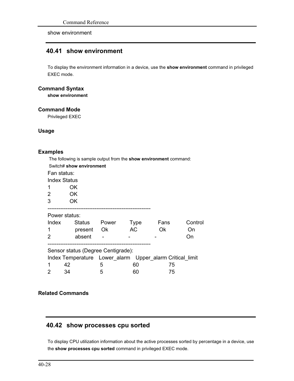 41 show environment, 42 show processes cpu sorted | CANOGA PERKINS 9171 Command Reference User Manual | Page 699 / 782