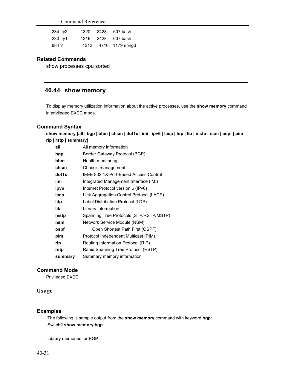 44 show memory | CANOGA PERKINS 9171 Command Reference User Manual | Page 702 / 782