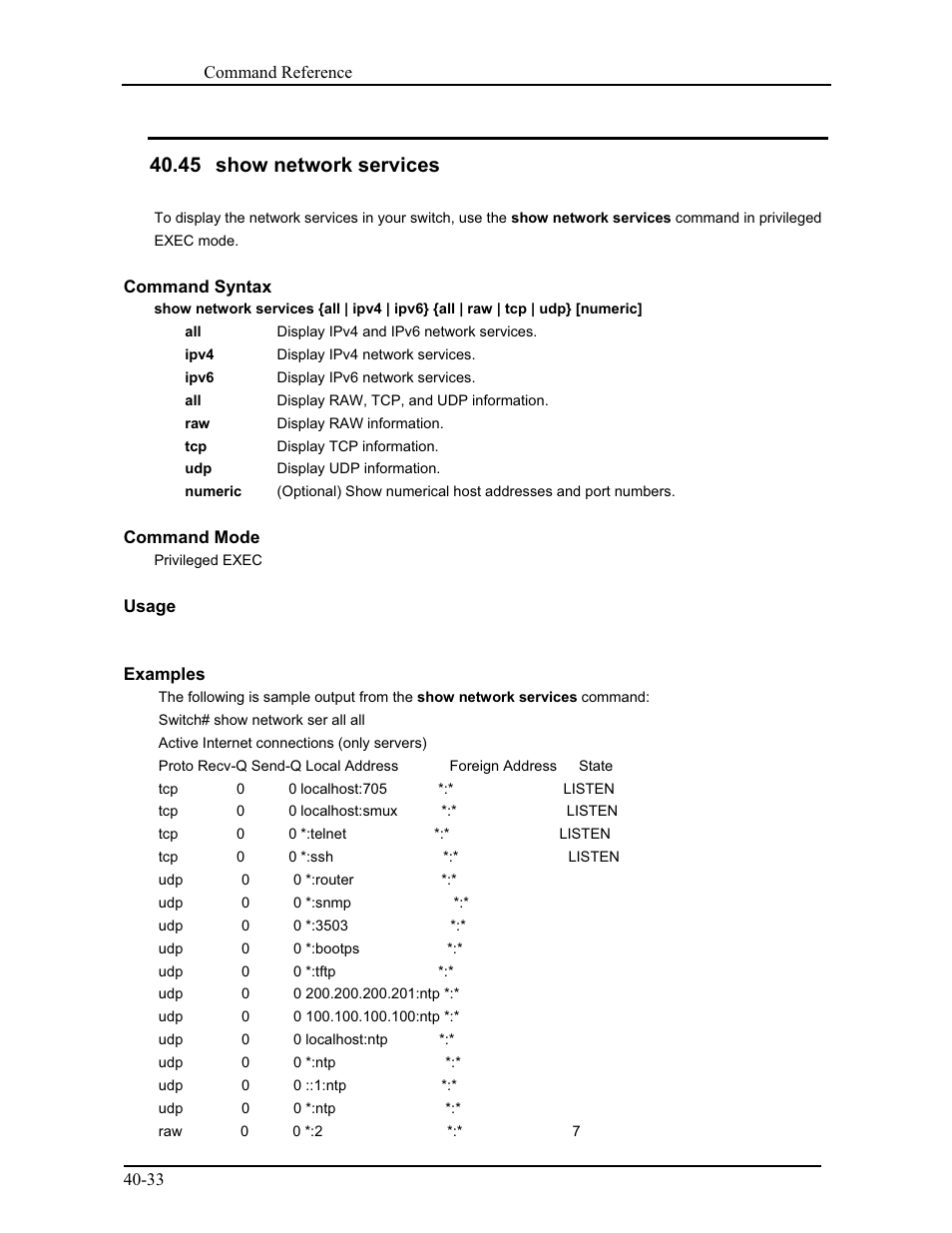 45 show network services | CANOGA PERKINS 9171 Command Reference User Manual | Page 704 / 782