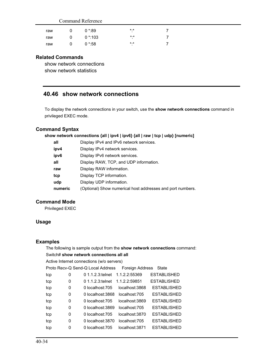 46 show network connections | CANOGA PERKINS 9171 Command Reference User Manual | Page 705 / 782