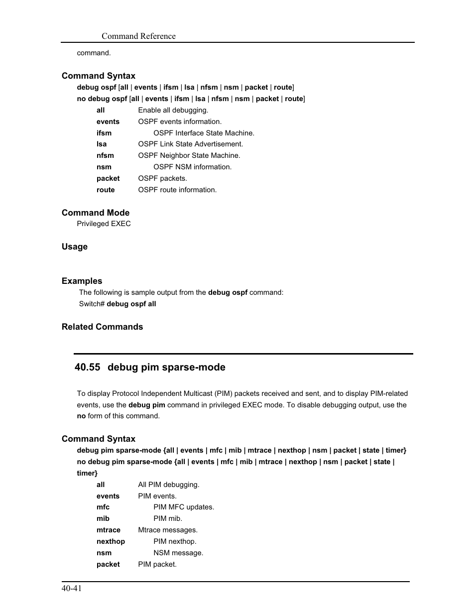 55 debug pim sparse-mode | CANOGA PERKINS 9171 Command Reference User Manual | Page 712 / 782