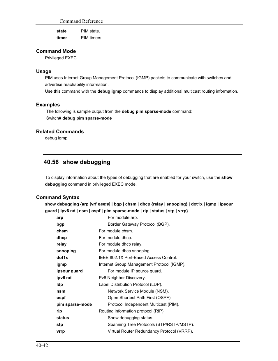 56 show debugging | CANOGA PERKINS 9171 Command Reference User Manual | Page 713 / 782