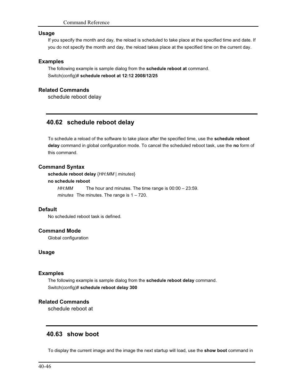62 schedule reboot delay, 63 show boot | CANOGA PERKINS 9171 Command Reference User Manual | Page 717 / 782