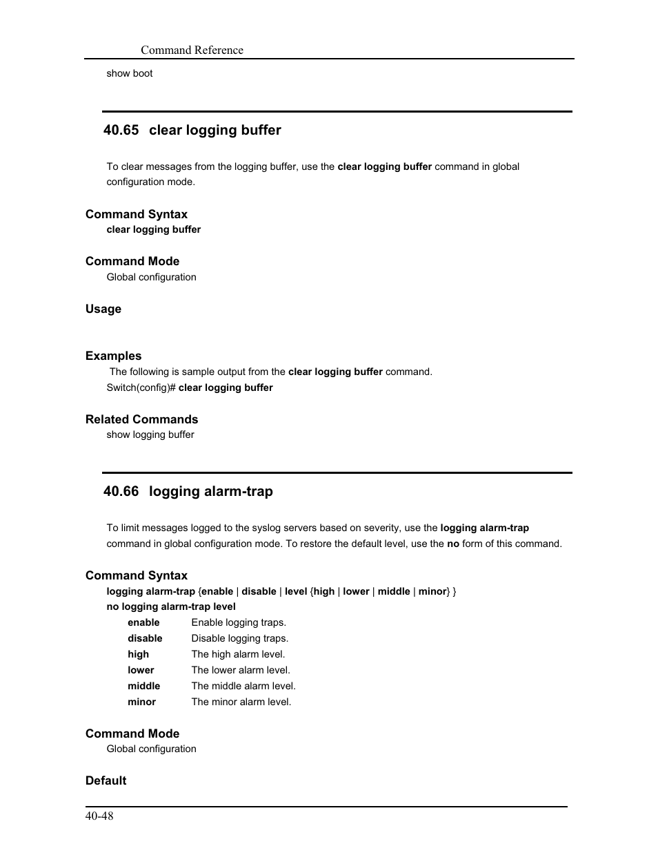 65 clear logging buffer, 66 logging alarm-trap | CANOGA PERKINS 9171 Command Reference User Manual | Page 719 / 782