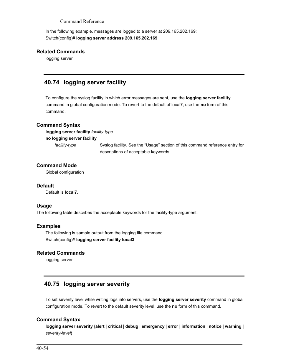 74 logging server facility, 75 logging server severity | CANOGA PERKINS 9171 Command Reference User Manual | Page 725 / 782