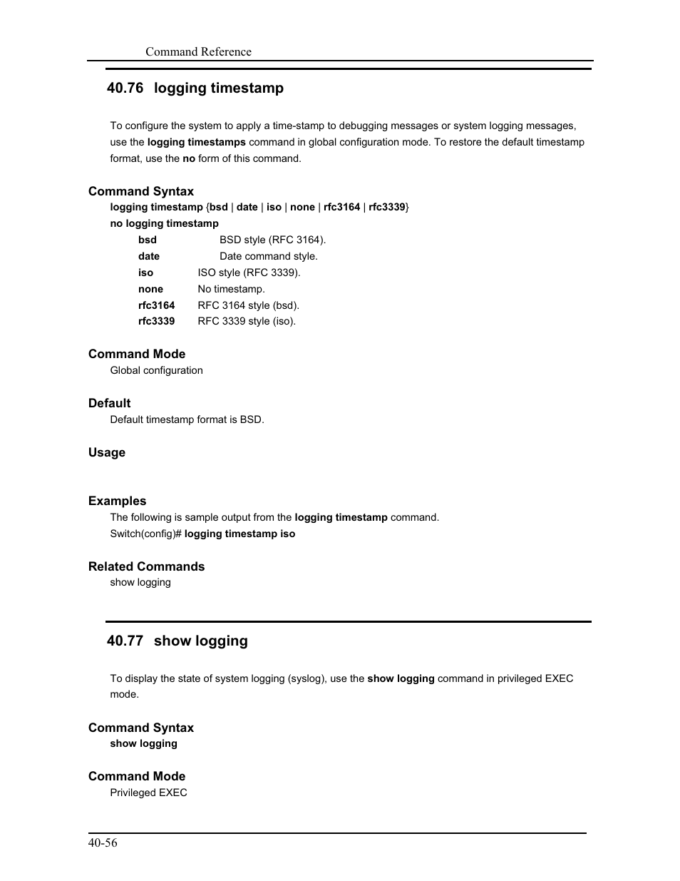 76 logging timestamp, 77 show logging | CANOGA PERKINS 9171 Command Reference User Manual | Page 727 / 782