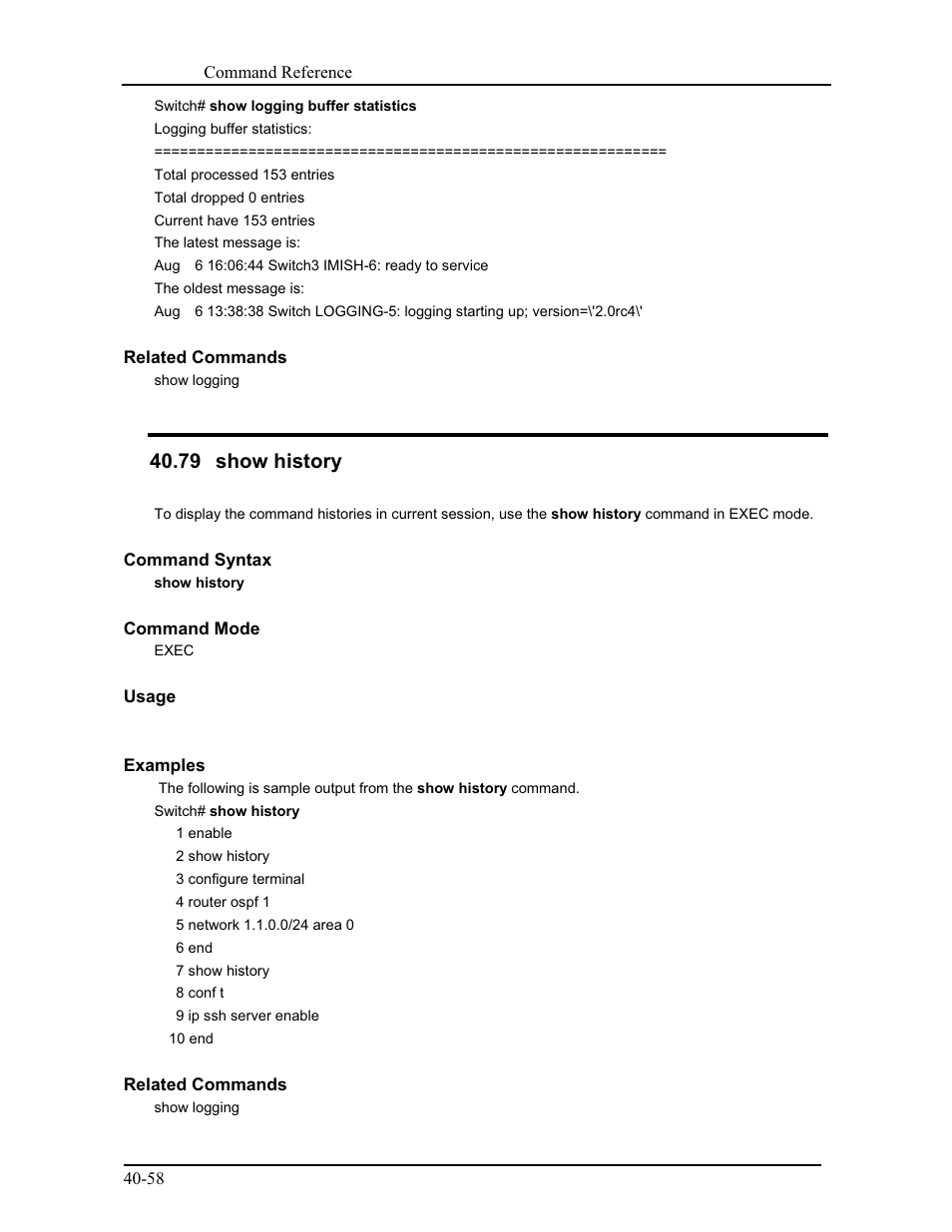 79 show history | CANOGA PERKINS 9171 Command Reference User Manual | Page 729 / 782
