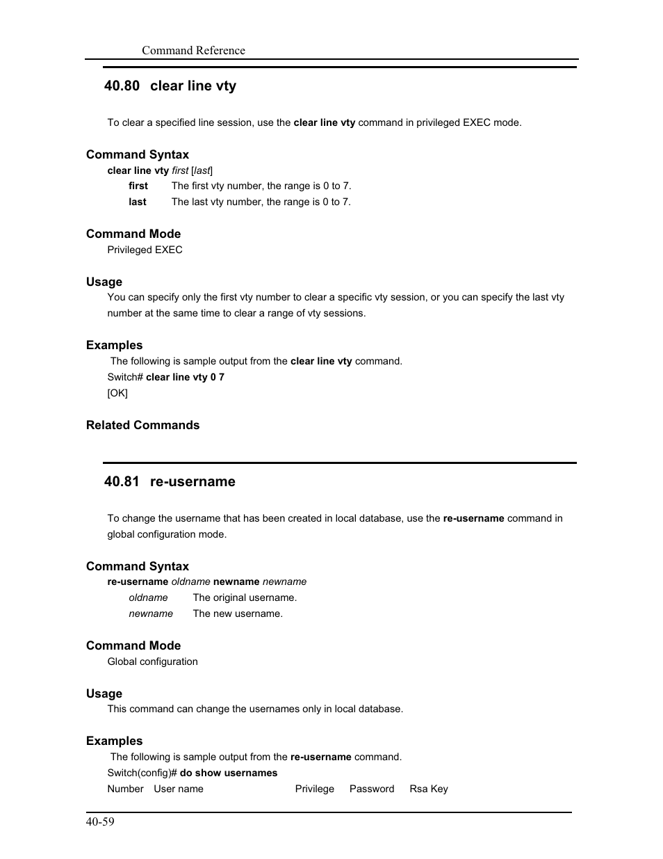 80 clear line vty, 81 re-username | CANOGA PERKINS 9171 Command Reference User Manual | Page 730 / 782