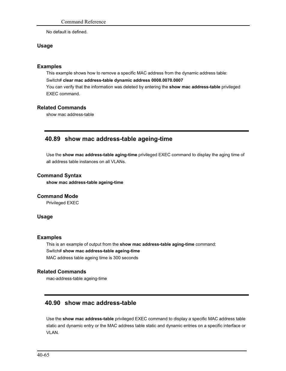 89 show mac address-table ageing-time, 90 show mac address-table | CANOGA PERKINS 9171 Command Reference User Manual | Page 736 / 782