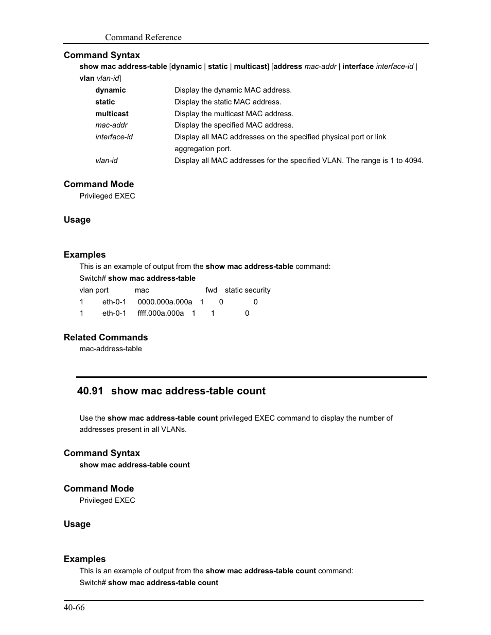 91 show mac address-table count | CANOGA PERKINS 9171 Command Reference User Manual | Page 737 / 782