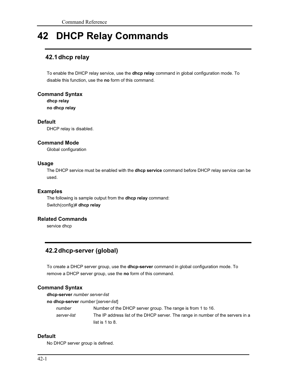 42 dhcp relay commands, 1 dhcp relay, 2 dhcp-server (global) | CANOGA PERKINS 9171 Command Reference User Manual | Page 742 / 782