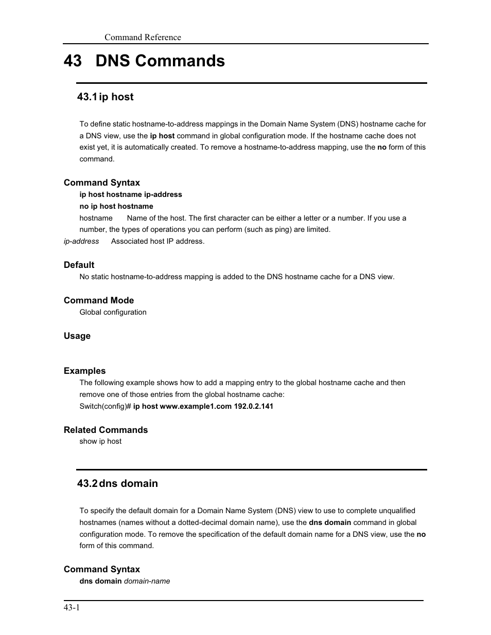 43 dns commands, 1 ip host, 2 dns domain | CANOGA PERKINS 9171 Command Reference User Manual | Page 752 / 782