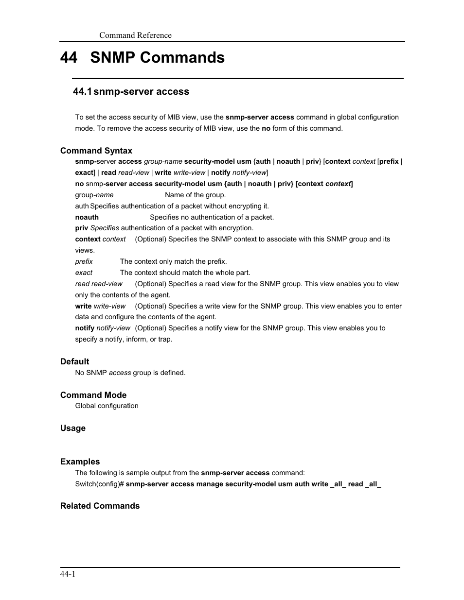 44 snmp commands, 1 snmp-server access | CANOGA PERKINS 9171 Command Reference User Manual | Page 756 / 782