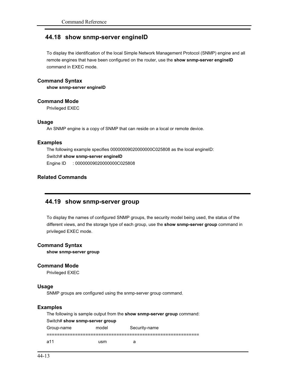 18 show snmp-server engineid, 19 show snmp-server group | CANOGA PERKINS 9171 Command Reference User Manual | Page 768 / 782