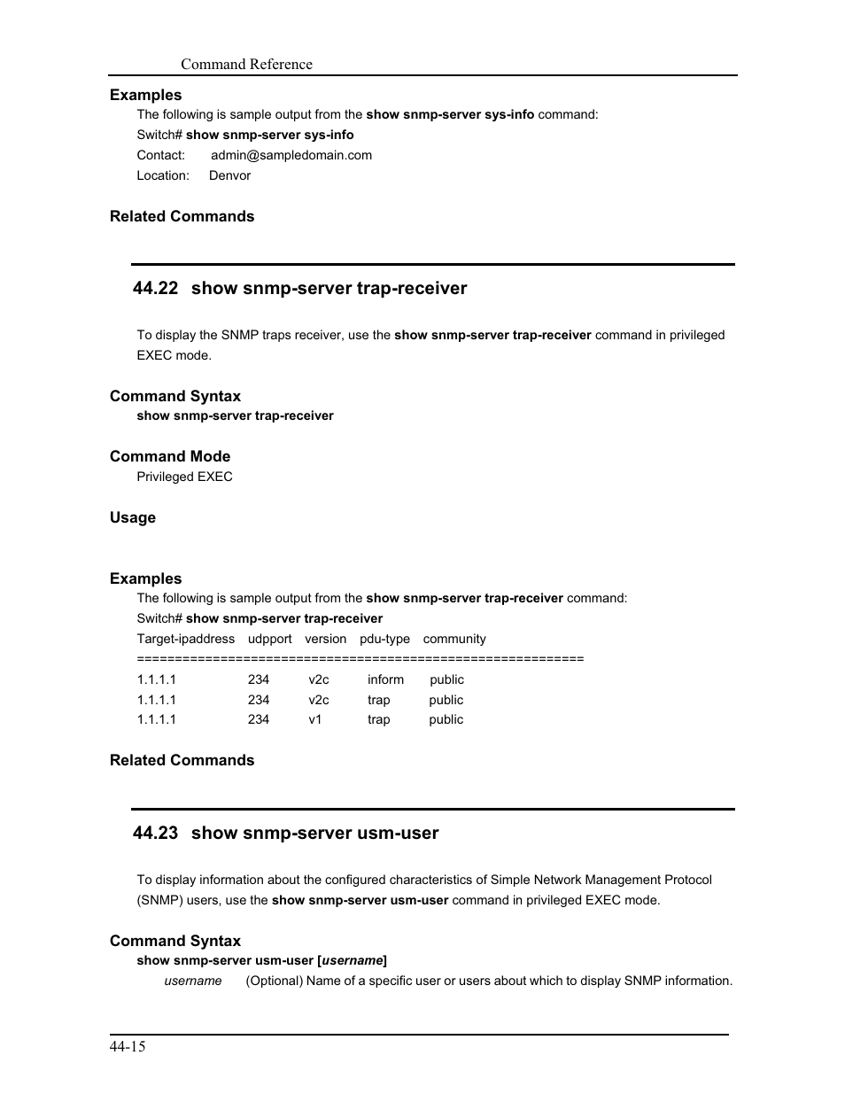 22 show snmp-server trap-receiver, 23 show snmp-server usm-user | CANOGA PERKINS 9171 Command Reference User Manual | Page 770 / 782