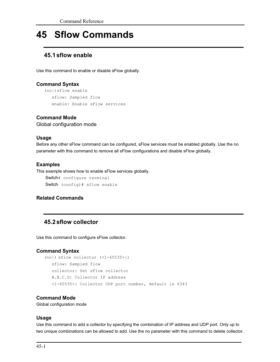 45 sflow commands, 1 sflow enable, 2 sflow collector | CANOGA PERKINS 9171 Command Reference User Manual | Page 773 / 782