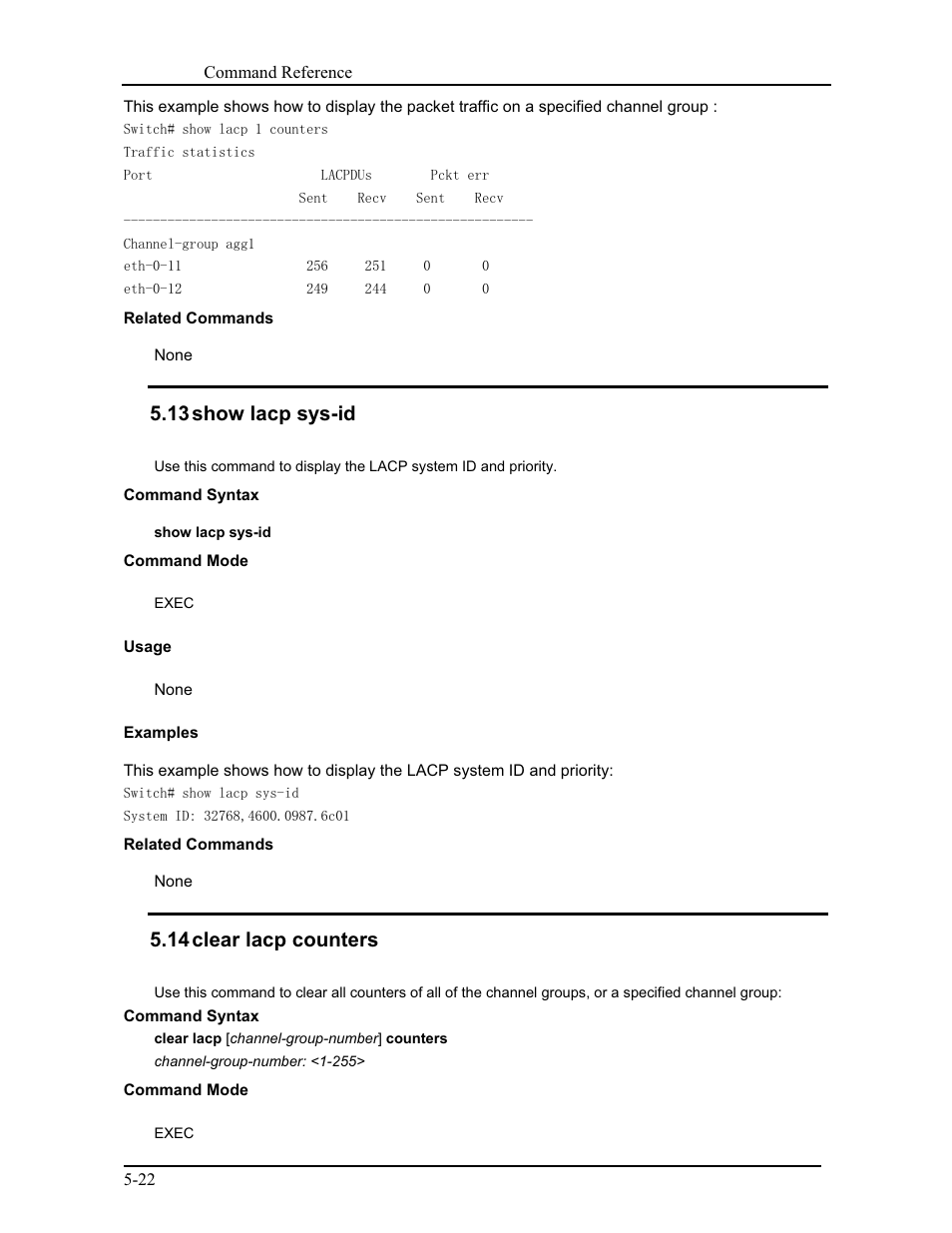 13 show lacp sys-id, 14 clear lacp counters | CANOGA PERKINS 9171 Command Reference User Manual | Page 89 / 782