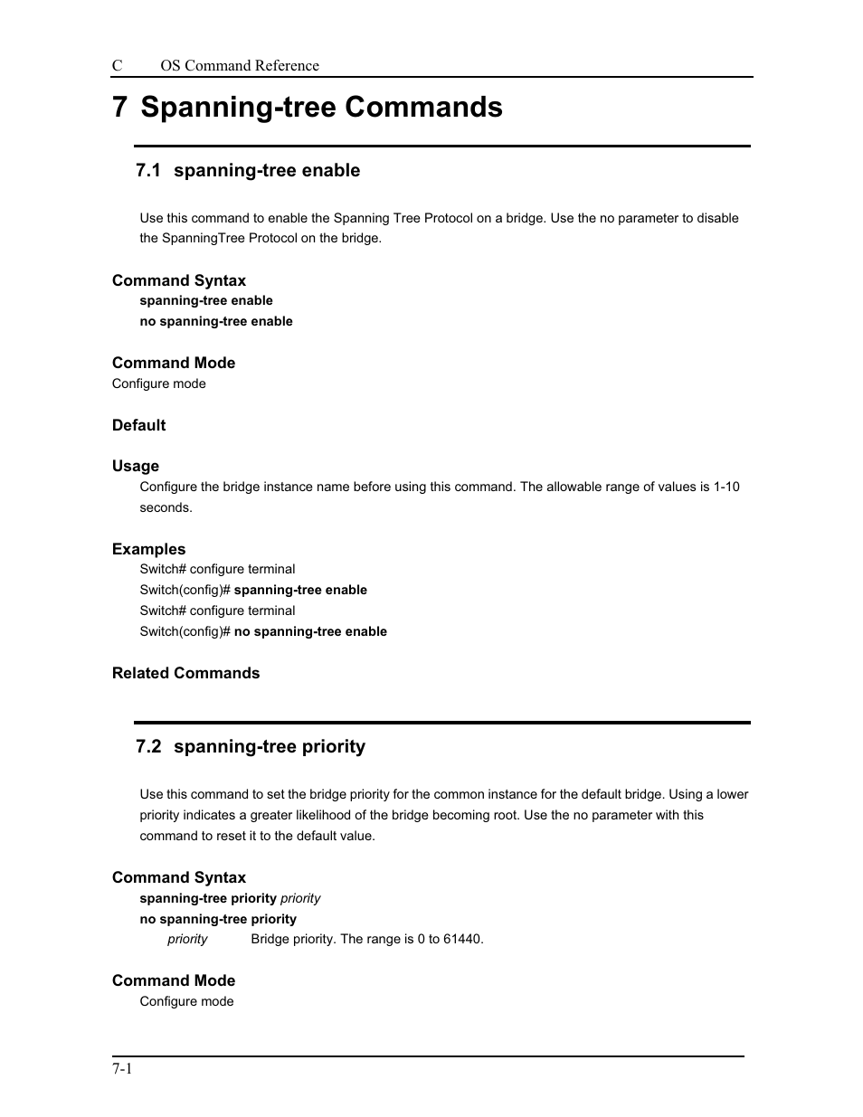 7 spanning-tree commands, 1 spanning-tree enable, 2 spanning-tree priority | CANOGA PERKINS 9175 Command Reference User Manual | Page 104 / 790