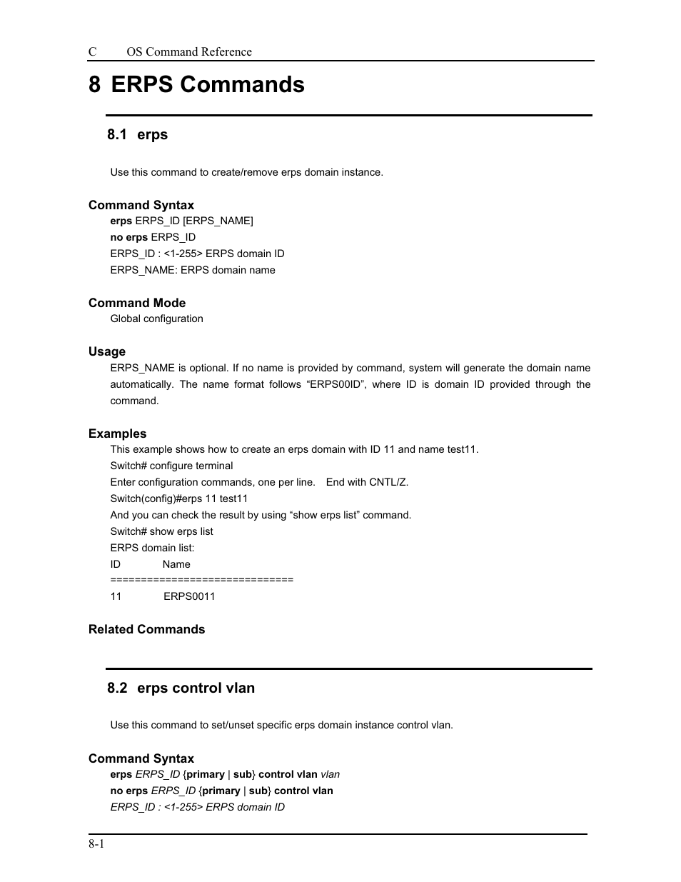 8 erps commands, 1 erps, 2 erps control vlan | CANOGA PERKINS 9175 Command Reference User Manual | Page 137 / 790