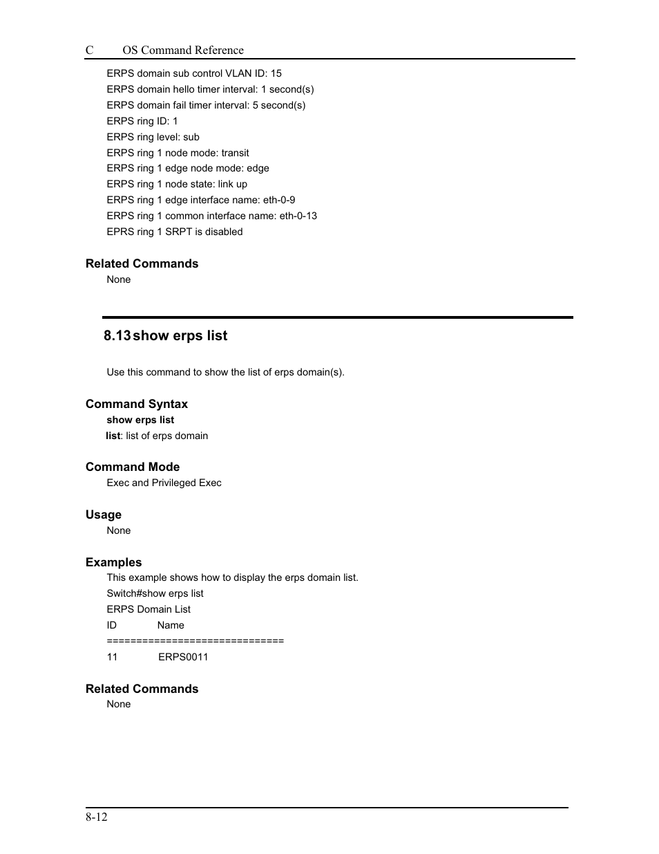 13 show erps list | CANOGA PERKINS 9175 Command Reference User Manual | Page 148 / 790